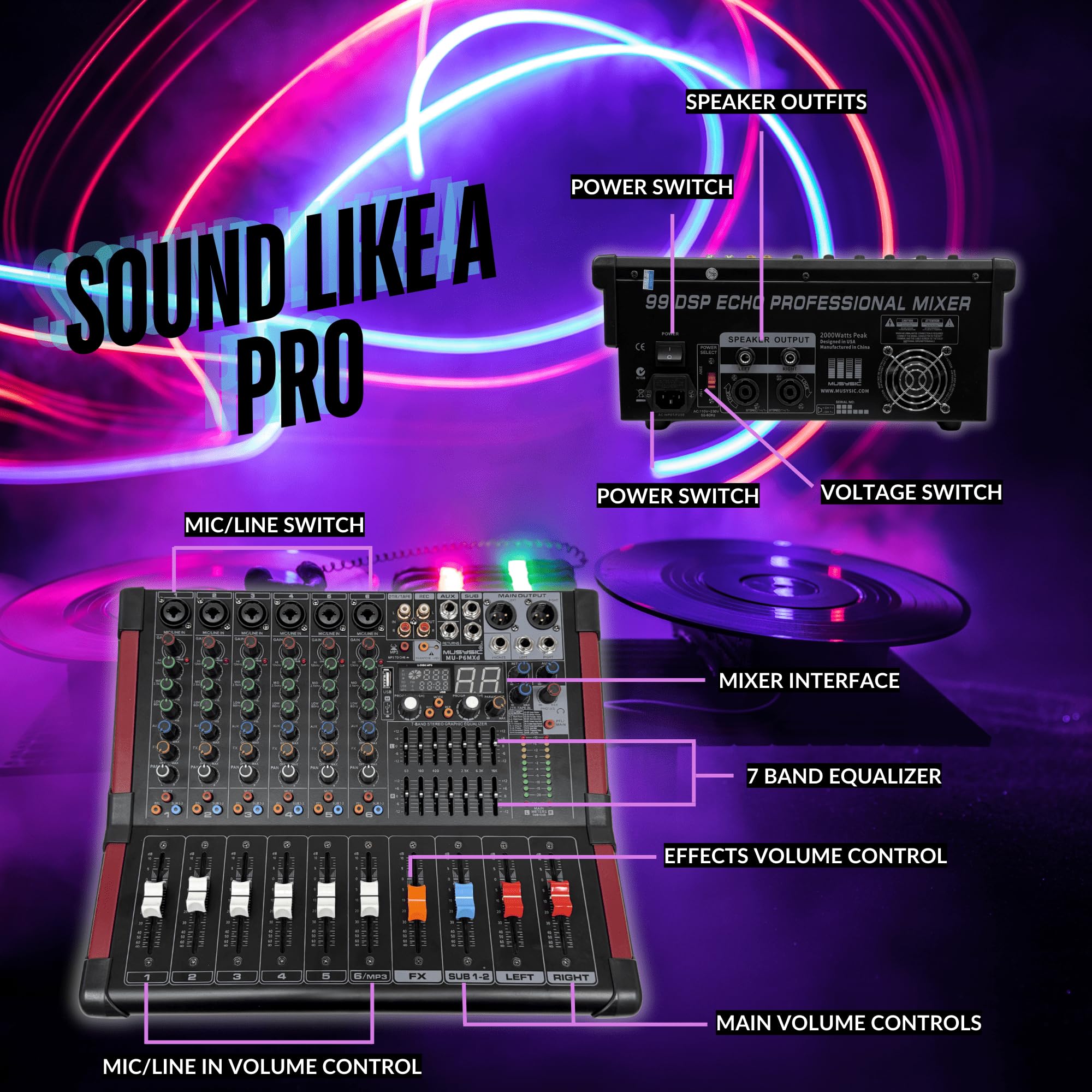 MUSYSIC Portable PA System with Wireless Microphone and Speakers - 6 Ch Audio Mixer with Built-in 2000W Amp & Wireless UHF Micro